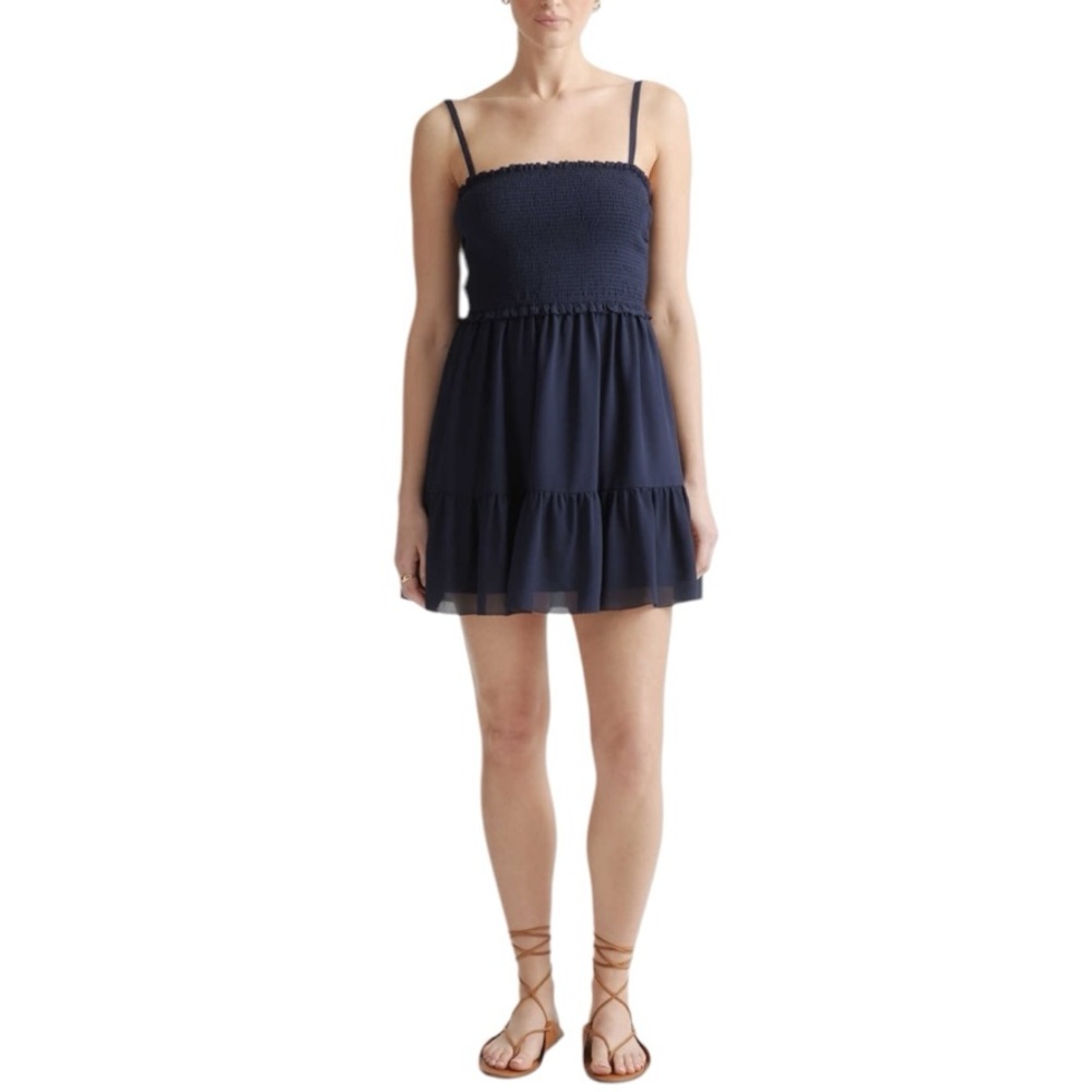 Quince women’s chiffon smocked sleeveless tiered mini pullover dress navy size S